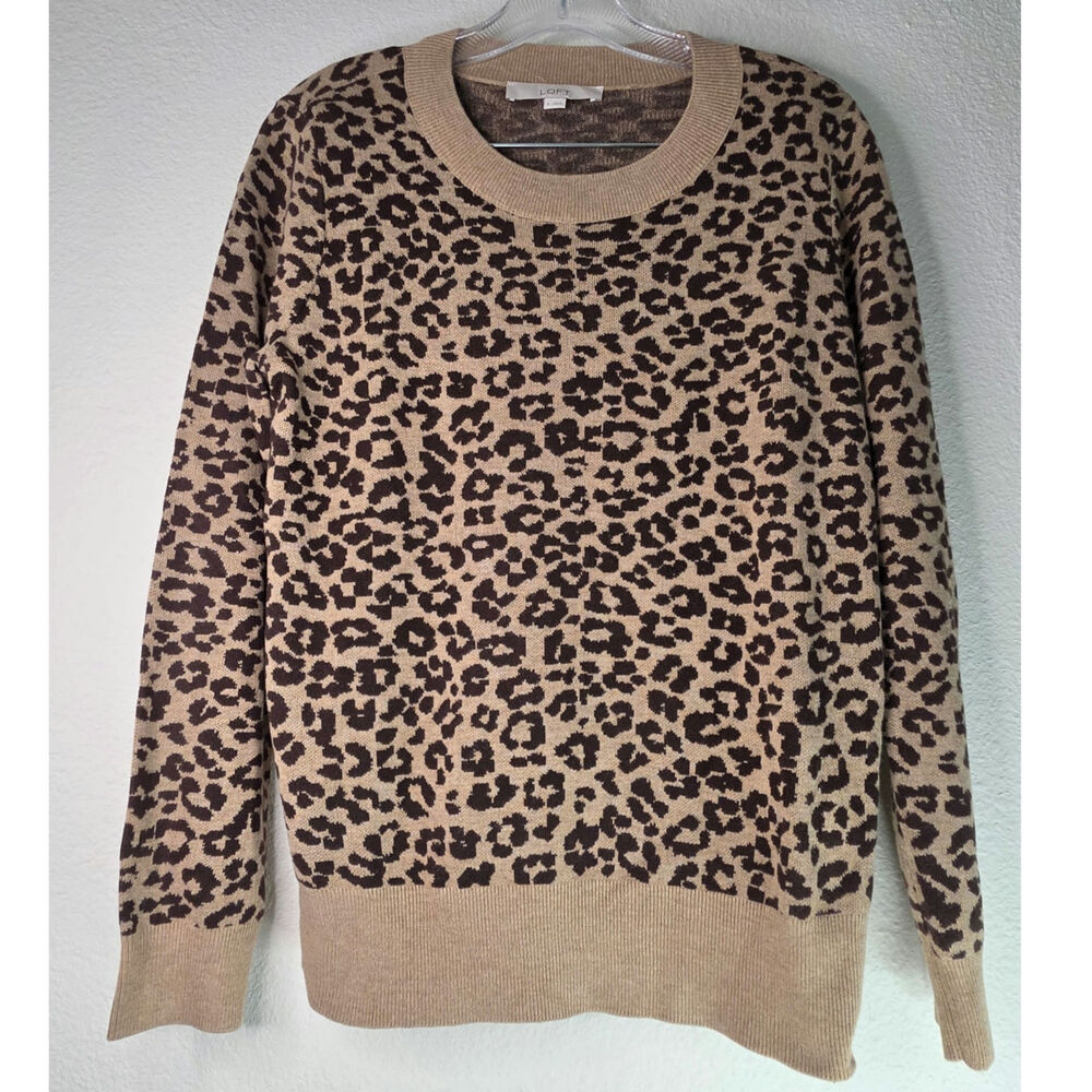 LOFT Leopard Print Crewneck Sweater Tan ribbed Neckline Cuffs Hemline Crewneck S